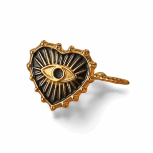 Anillo metalico negro ojo turco corazon dorado