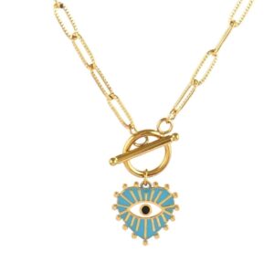 Collar dorado eslabon rectangular corazon azul ojo