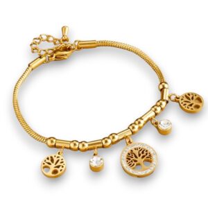 Pulsera dorada arbol vida acero titanio 5dijes broche