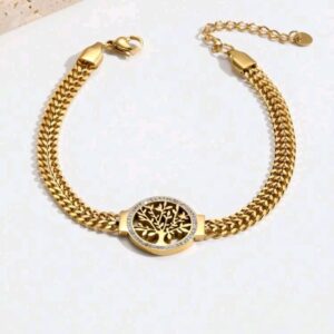 Pulsera dorada acero arbol vida doble cadena