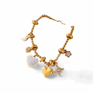 Pulsera acero dijes corazon luna estrella dorada