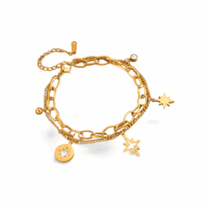 Pulsera dorada doble cadena 5 dijes 3 estrellas