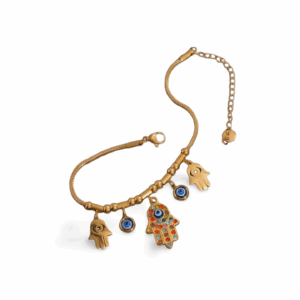 Pulsera dorada 3 dijes mano fatima rhinestone colores