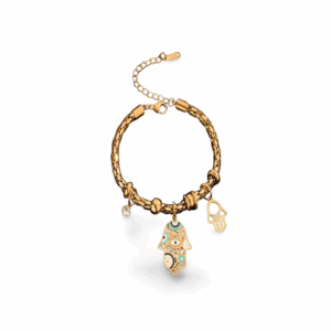 Pulsera titanio dorada 2 mano fatimacon ojos azul/verde