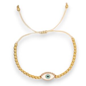 Pulsera ojo turco borlas doradas tejida