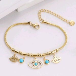 Pulsera dorada 3 dije ojo rhinestone 2 circulo azul