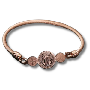 Pulsera rigida medalla san Benito oro rosa